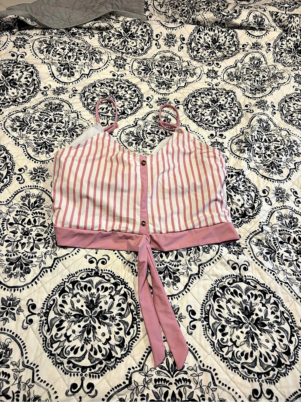 Coral Reef Striped Tie Front Bikini Top in Pink & White XL